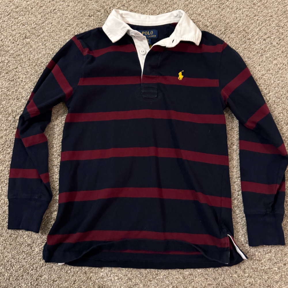 Polo Ralph Lauren Rugby Long Sleeve Collar Pullover S 8 Navy Blue Red Stripe